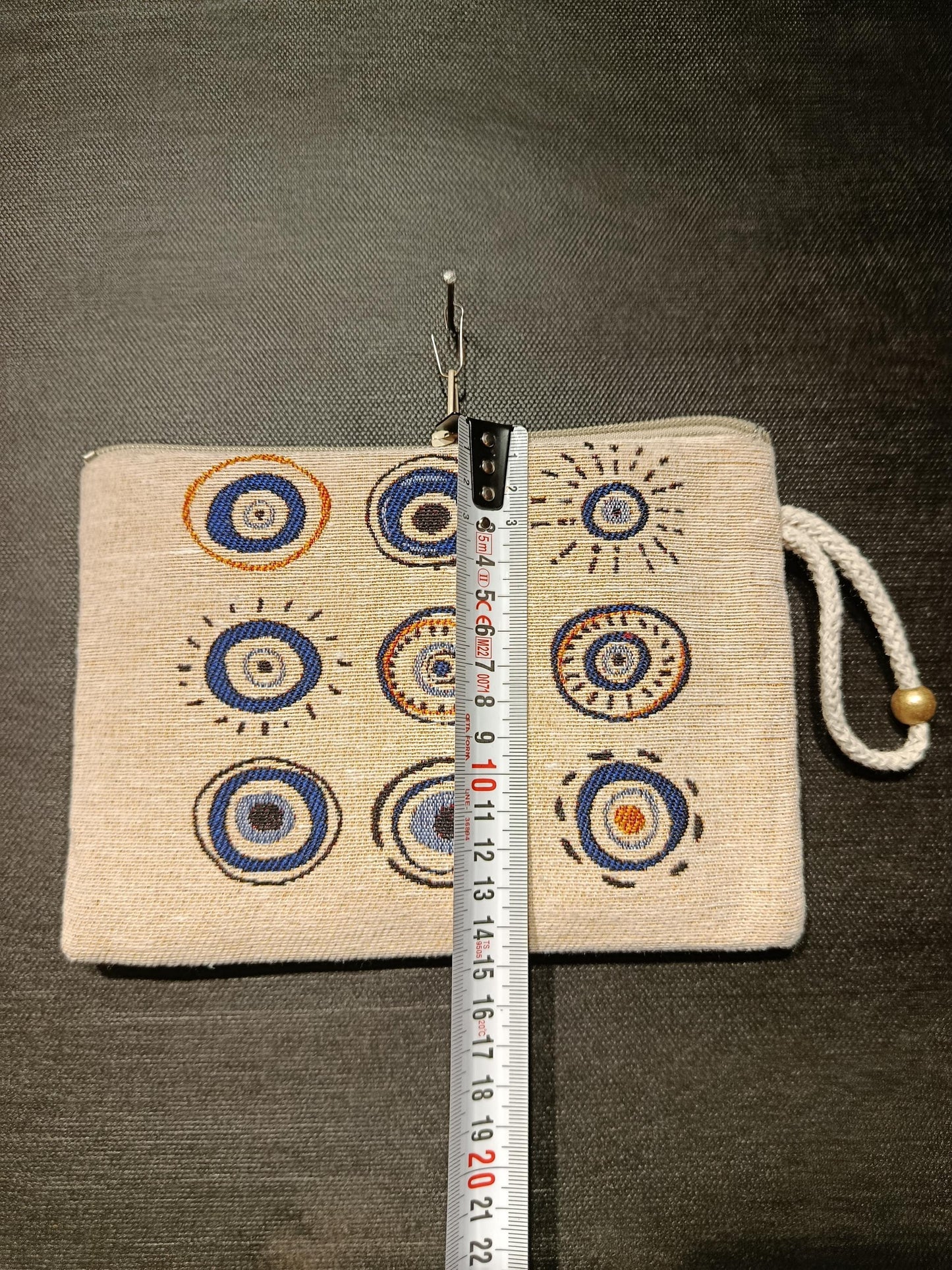 Handmade Evil Eye Gobelin Pouch – Turkish Nazar Clutch with Neutral Beige Background