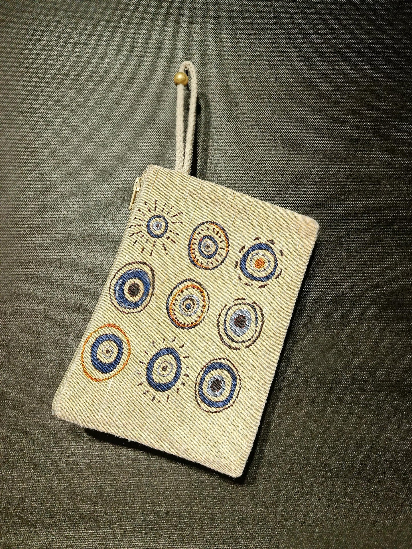 Handmade Evil Eye Gobelin Pouch – Turkish Nazar Clutch with Neutral Beige Background
