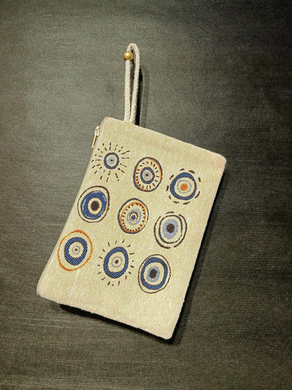 Handmade Evil Eye Gobelin Pouch – Turkish Nazar Clutch with Neutral Beige Background