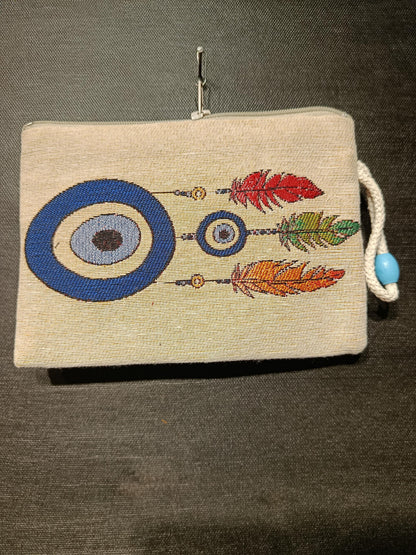 Evil Eye Feather Gobelin Purse – Handmade Boho Clutch with Colorful Feathers – Protection Talisman Pouch