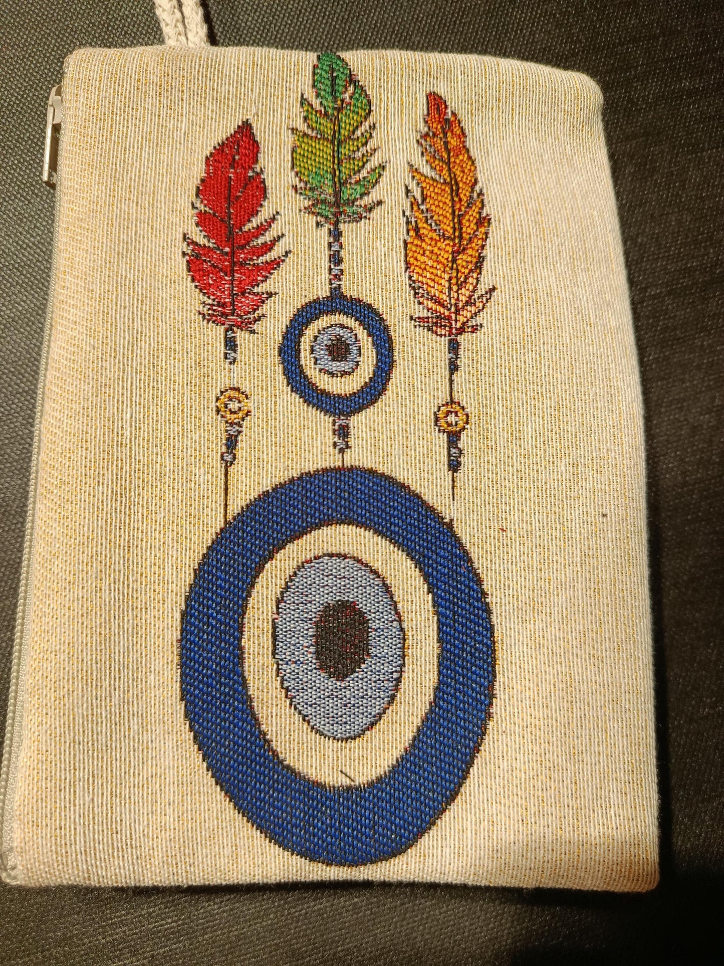 Evil Eye Feather Gobelin Purse – Handmade Boho Clutch with Colorful Feathers – Protection Talisman Pouch