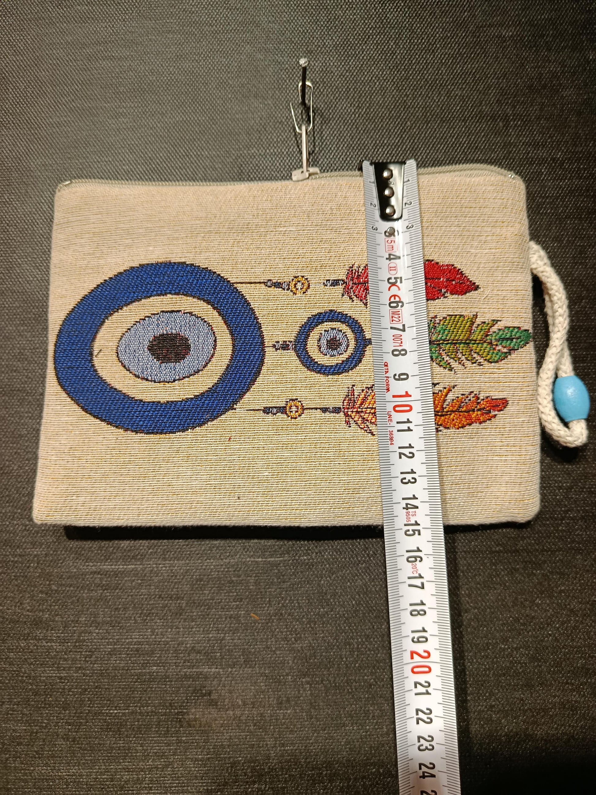 Evil Eye Feather Gobelin Purse – Handmade Boho Clutch with Colorful Feathers – Protection Talisman Pouch