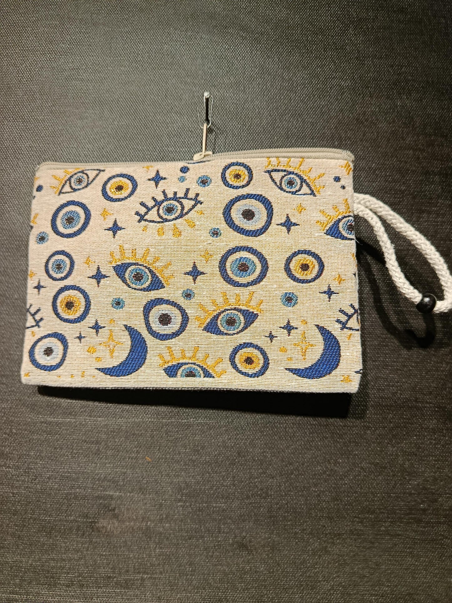 Handmade Gobelin Evil Eye Wristlet – Moon & Stars Celestial Clutch – Turkish Tapestry Zipper Pouch