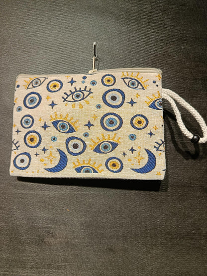 Handmade Gobelin Evil Eye Wristlet – Moon & Stars Celestial Clutch – Turkish Tapestry Zipper Pouch