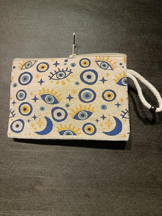 Handmade Gobelin Evil Eye Wristlet – Moon & Stars Celestial Clutch – Turkish Tapestry Zipper Pouch