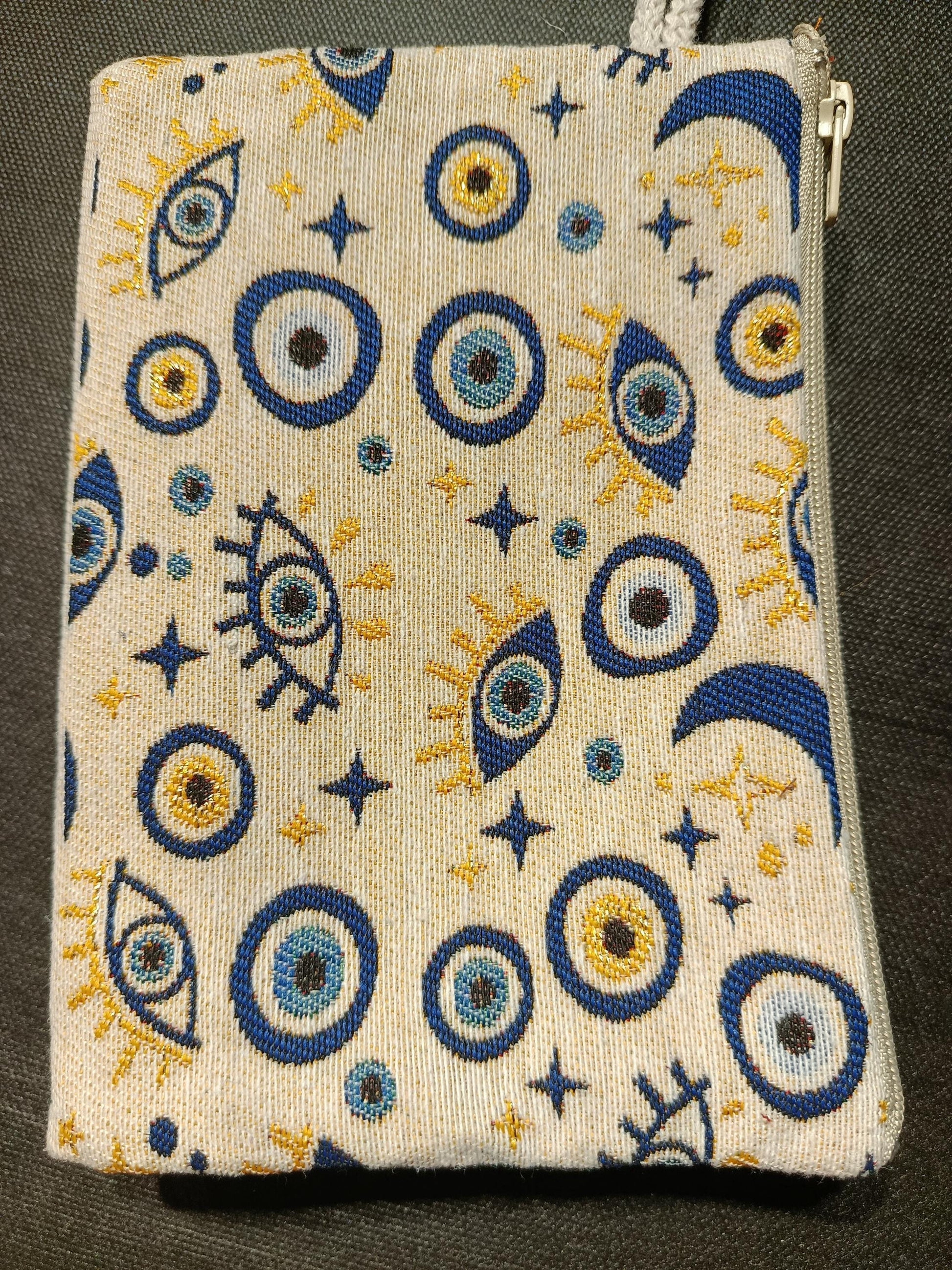 Handmade Gobelin Evil Eye Wristlet – Moon & Stars Celestial Clutch – Turkish Tapestry Zipper Pouch