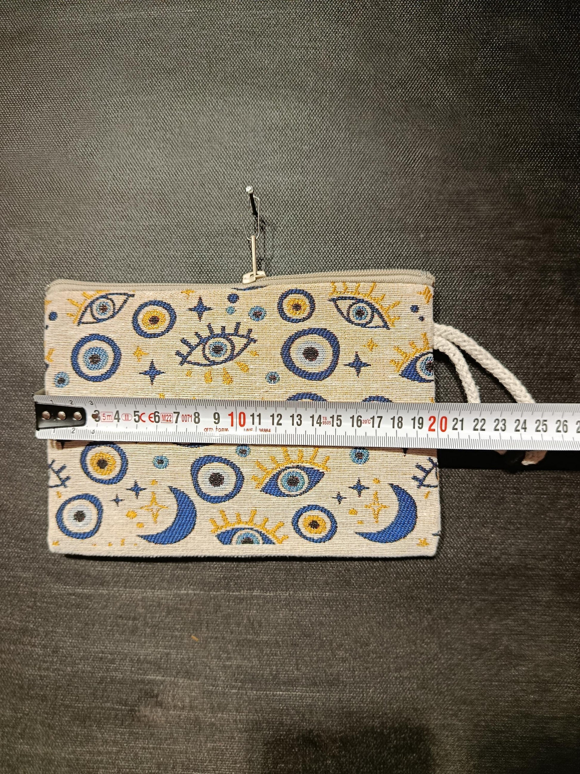 Handmade Gobelin Evil Eye Wristlet – Moon & Stars Celestial Clutch – Turkish Tapestry Zipper Pouch