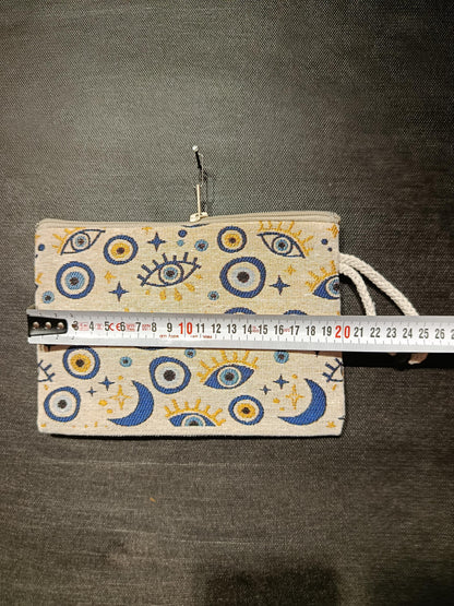 Handmade Gobelin Evil Eye Wristlet – Moon & Stars Celestial Clutch – Turkish Tapestry Zipper Pouch