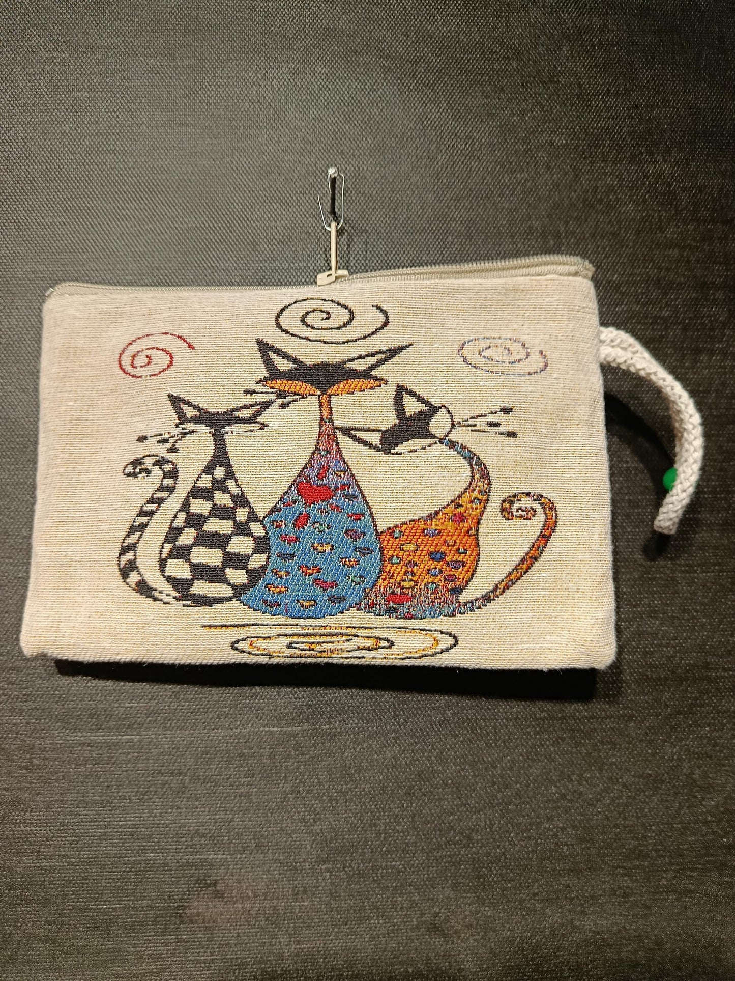Whimsical Gobelin Cat Pouch – Handmade Abstract Cat Trio Clutch with Zipper and Wrist Strap