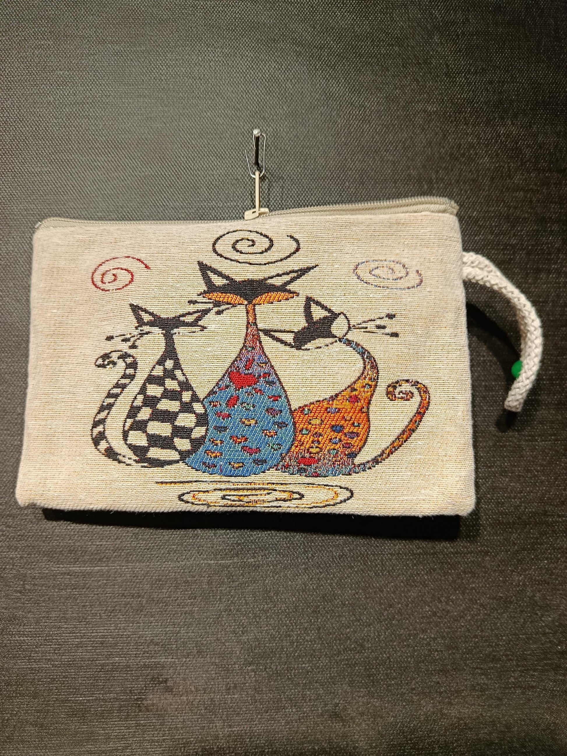 Whimsical Gobelin Cat Pouch – Handmade Abstract Cat Trio Clutch with Zipper and Wrist Strap