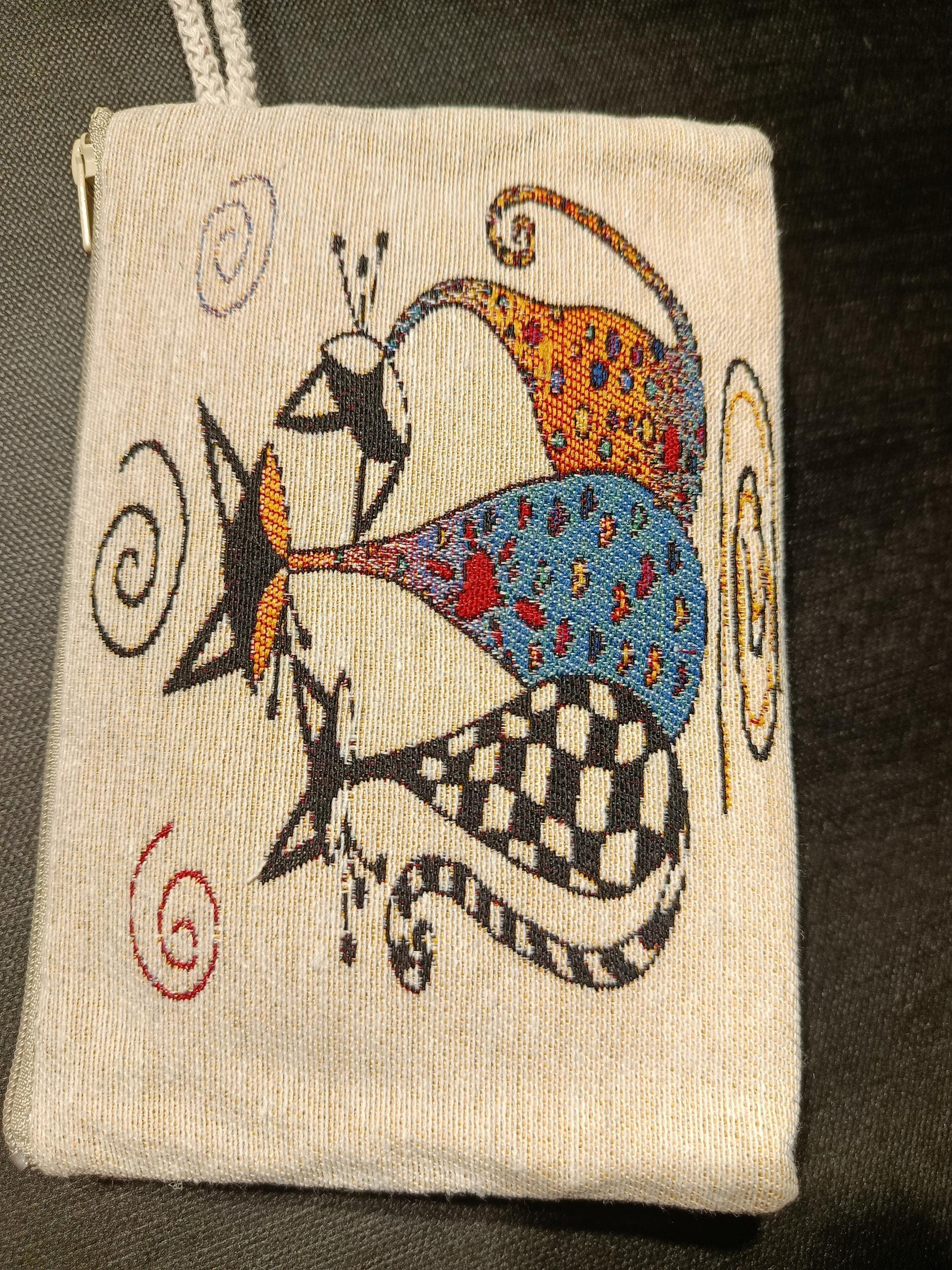 Whimsical Gobelin Cat Pouch – Handmade Abstract Cat Trio Clutch with Zipper and Wrist Strap