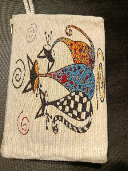 Whimsical Gobelin Cat Pouch – Handmade Abstract Cat Trio Clutch with Zipper and Wrist Strap