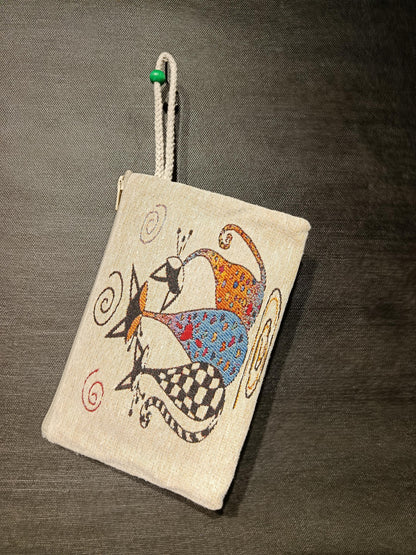 Whimsical Gobelin Cat Pouch – Handmade Abstract Cat Trio Clutch with Zipper and Wrist Strap