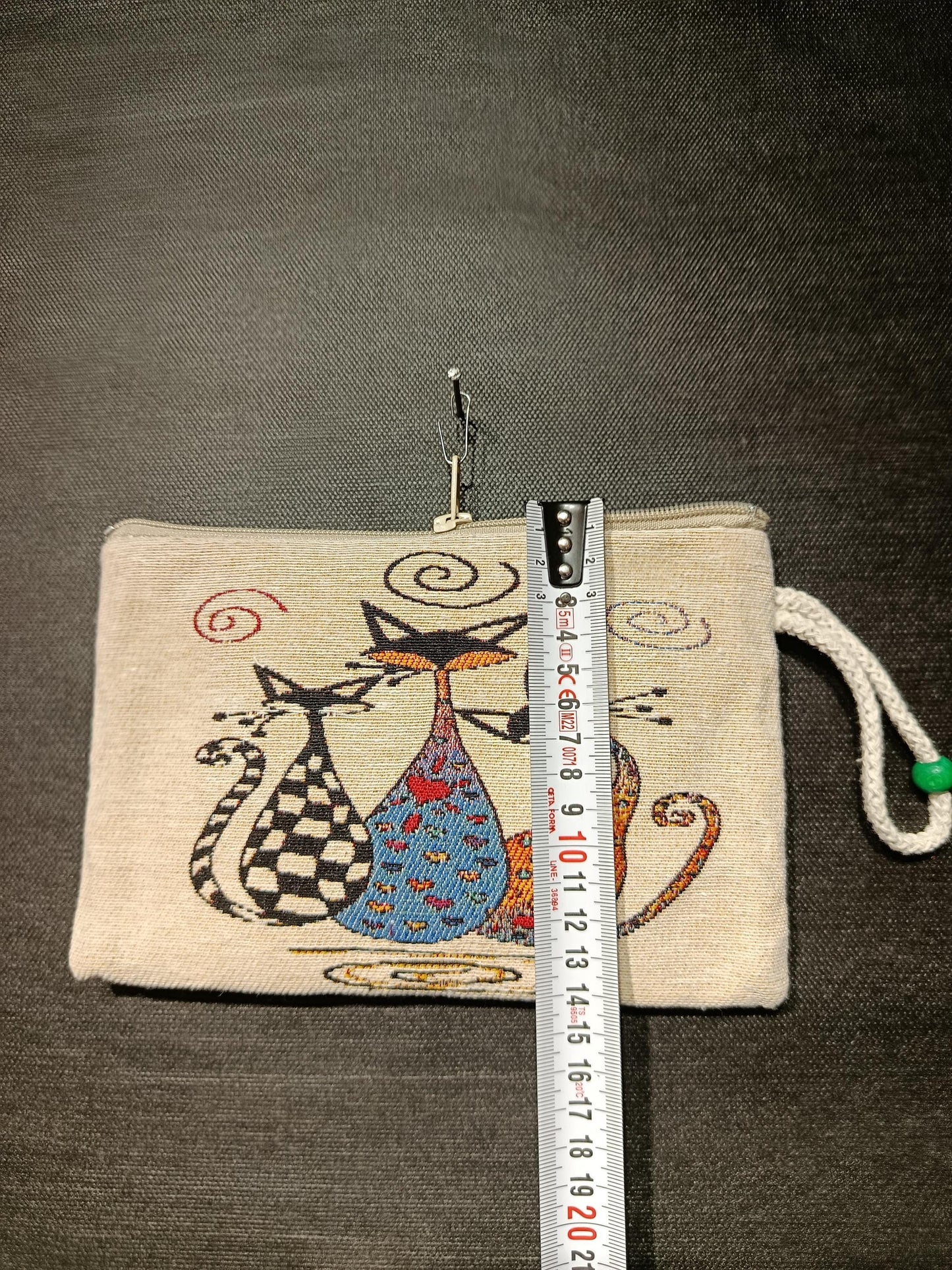 Whimsical Gobelin Cat Pouch – Handmade Abstract Cat Trio Clutch with Zipper and Wrist Strap