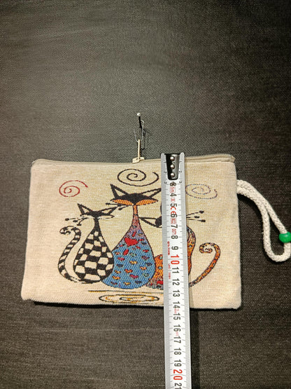 Whimsical Gobelin Cat Pouch – Handmade Abstract Cat Trio Clutch with Zipper and Wrist Strap