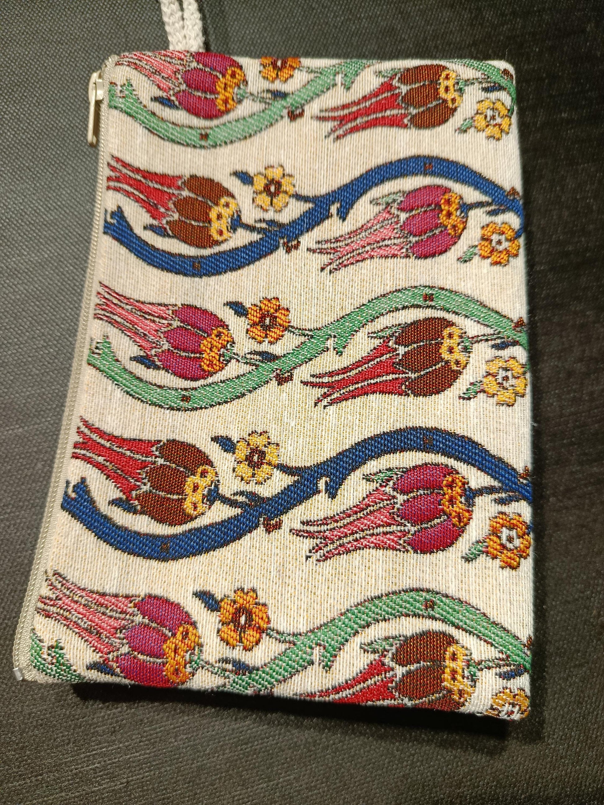 Handmade Gobelin Zipper Tulip Purse – Ottoman Style Floral Wristlet – Turkish Tapestry Mini Clutch Bag