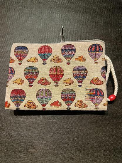Colorful Hot Air Balloon Tapestry Clutch – Turkish Woven Pouch with Cloud Design