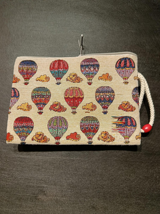 Colorful Hot Air Balloon Tapestry Clutch – Turkish Woven Pouch with Cloud Design