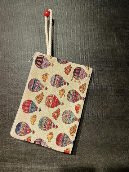 Colorful Hot Air Balloon Tapestry Clutch – Turkish Woven Pouch with Cloud Design