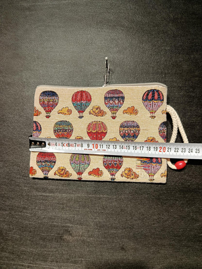 Colorful Hot Air Balloon Tapestry Clutch – Turkish Woven Pouch with Cloud Design