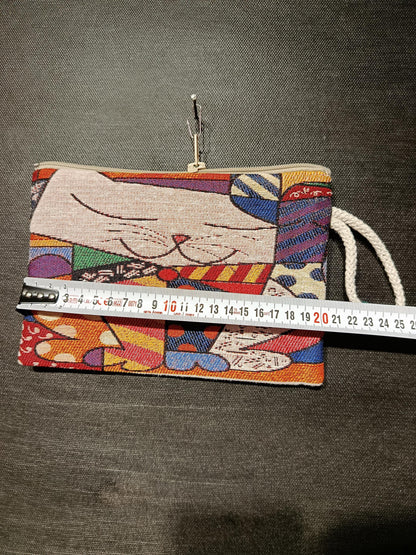 Colorful Abstract Cat Tapestry Pouch – Artistic Gobelin Fabric Clutch Made in Türkiye