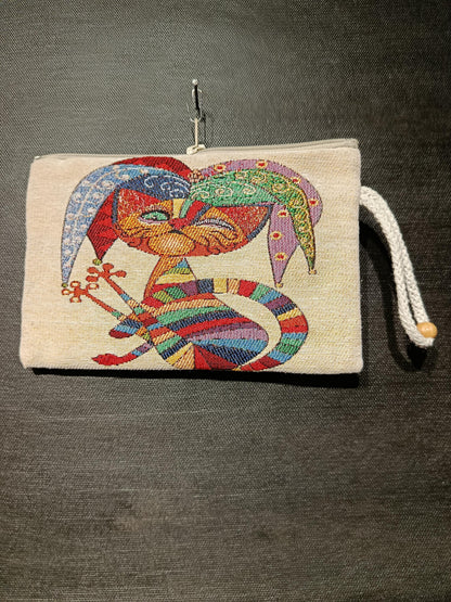 Colorful Jester Cat Gobelin Pouch – Whimsical Turkish Woven Zippered Clutch Bag
