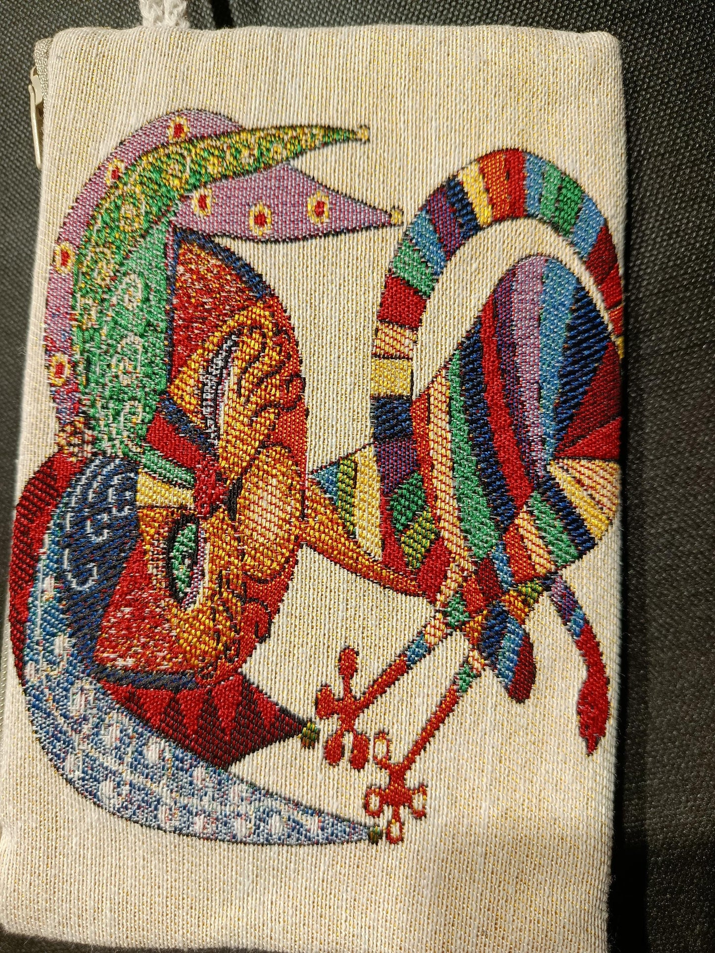 Colorful Jester Cat Gobelin Pouch – Whimsical Turkish Woven Zippered Clutch Bag