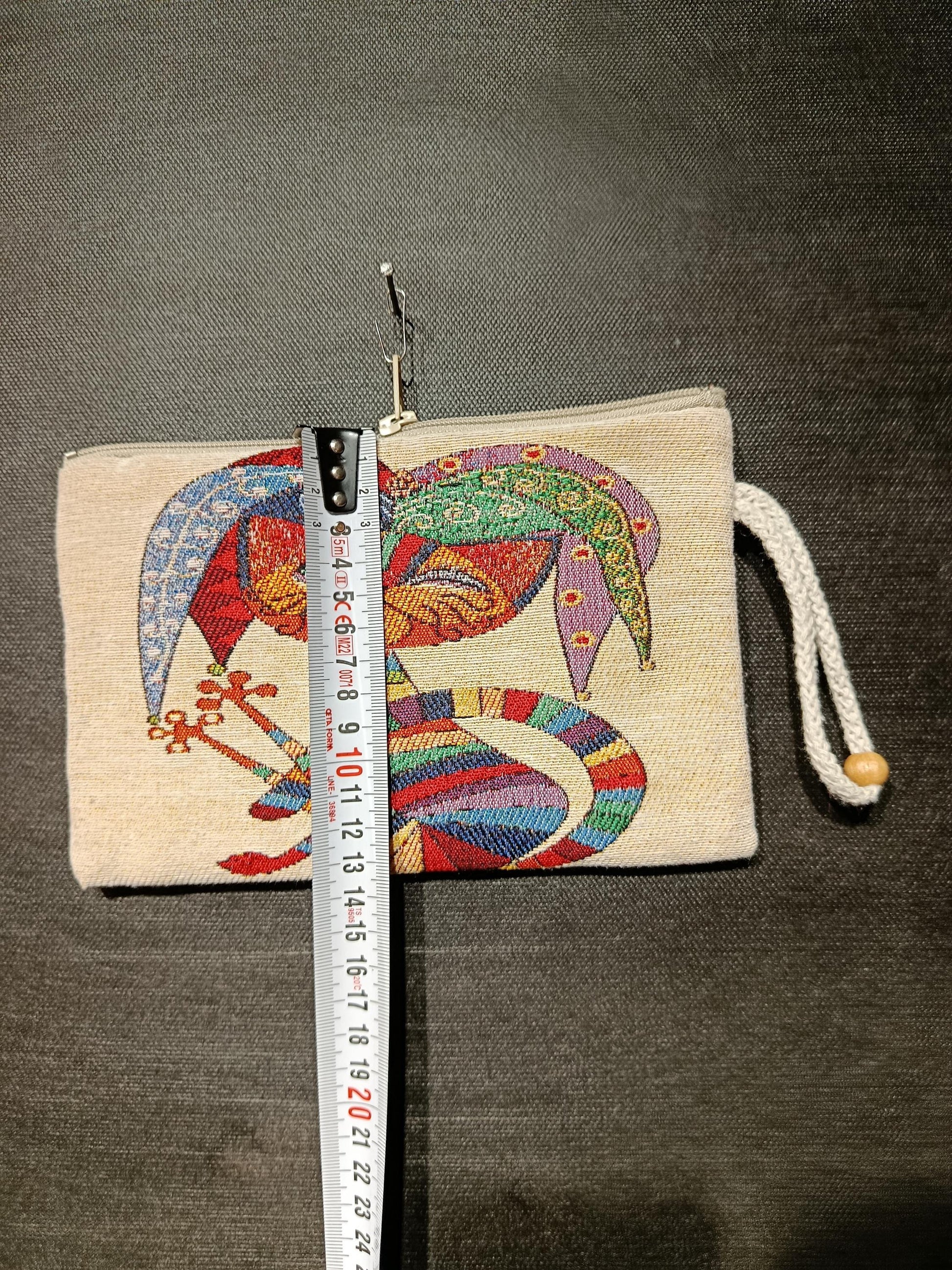 Colorful Jester Cat Gobelin Pouch – Whimsical Turkish Woven Zippered Clutch Bag