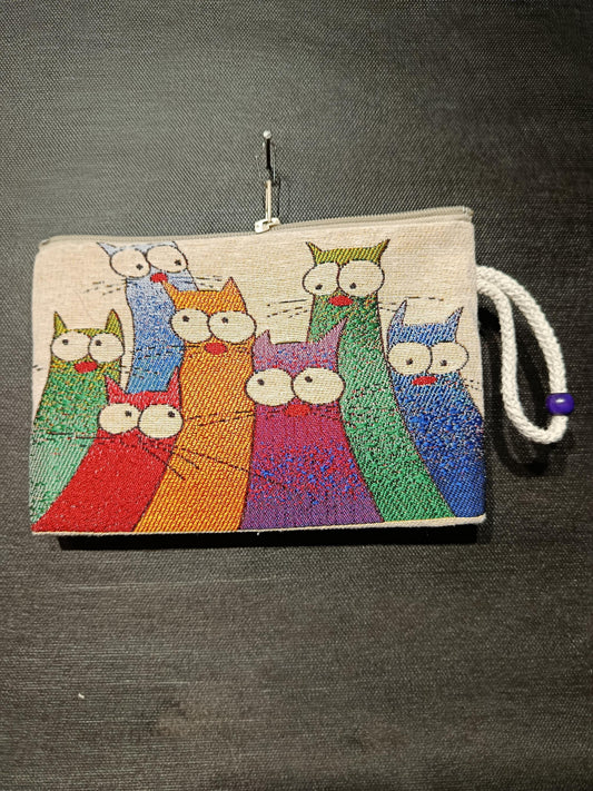 Colorful Cartoon Cat Pouch – Fun Tapestry Zipper Bag, Made in Türkiye