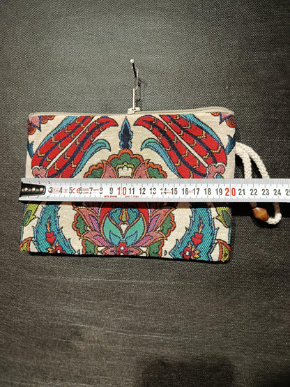 Turkish Tulip Pattern Zipper Pouch – Gobelin Tapestry Clutch Bag, Made in Türkiye