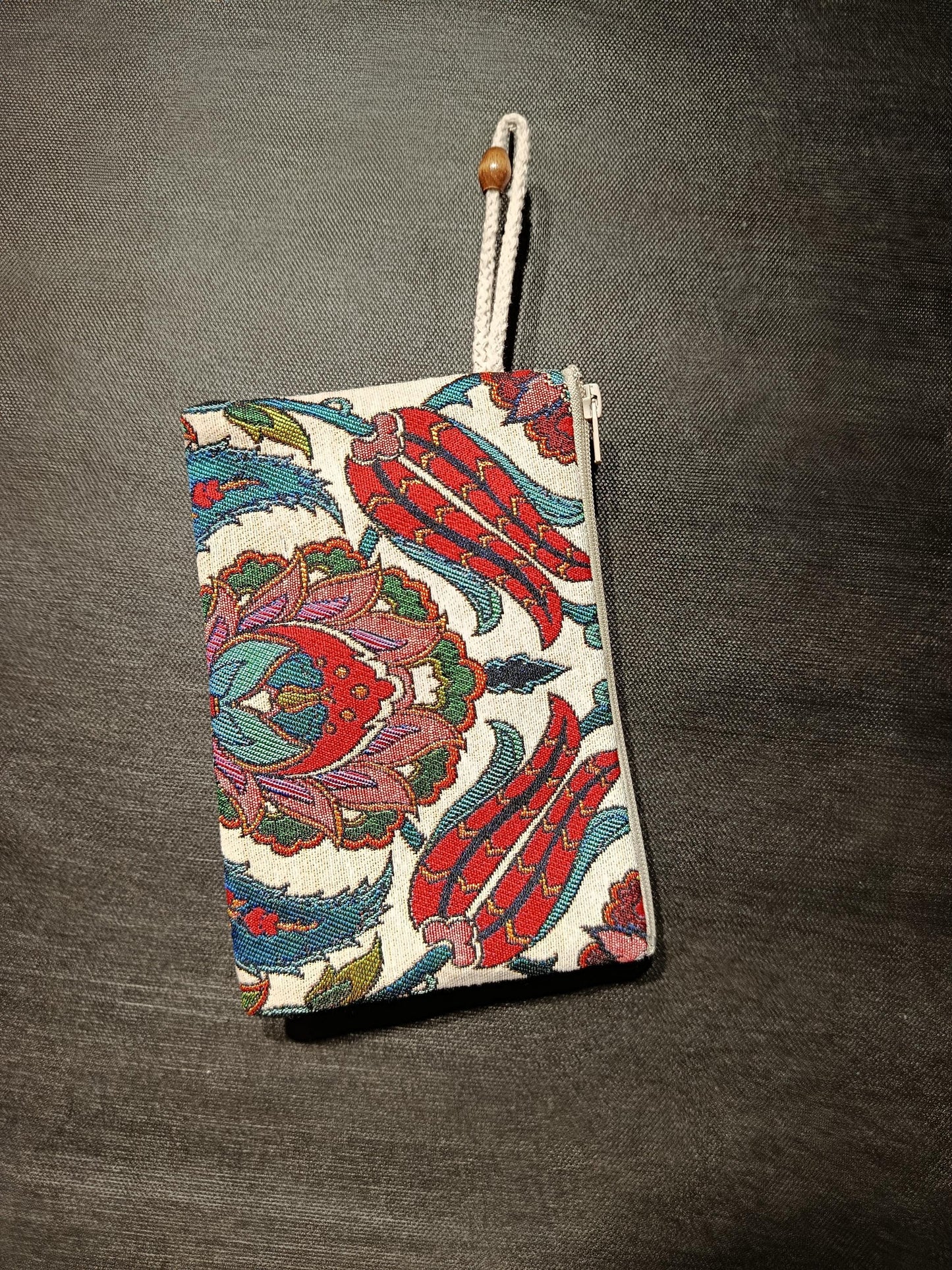 Turkish Tulip Pattern Zipper Pouch – Gobelin Tapestry Clutch Bag, Made in Türkiye