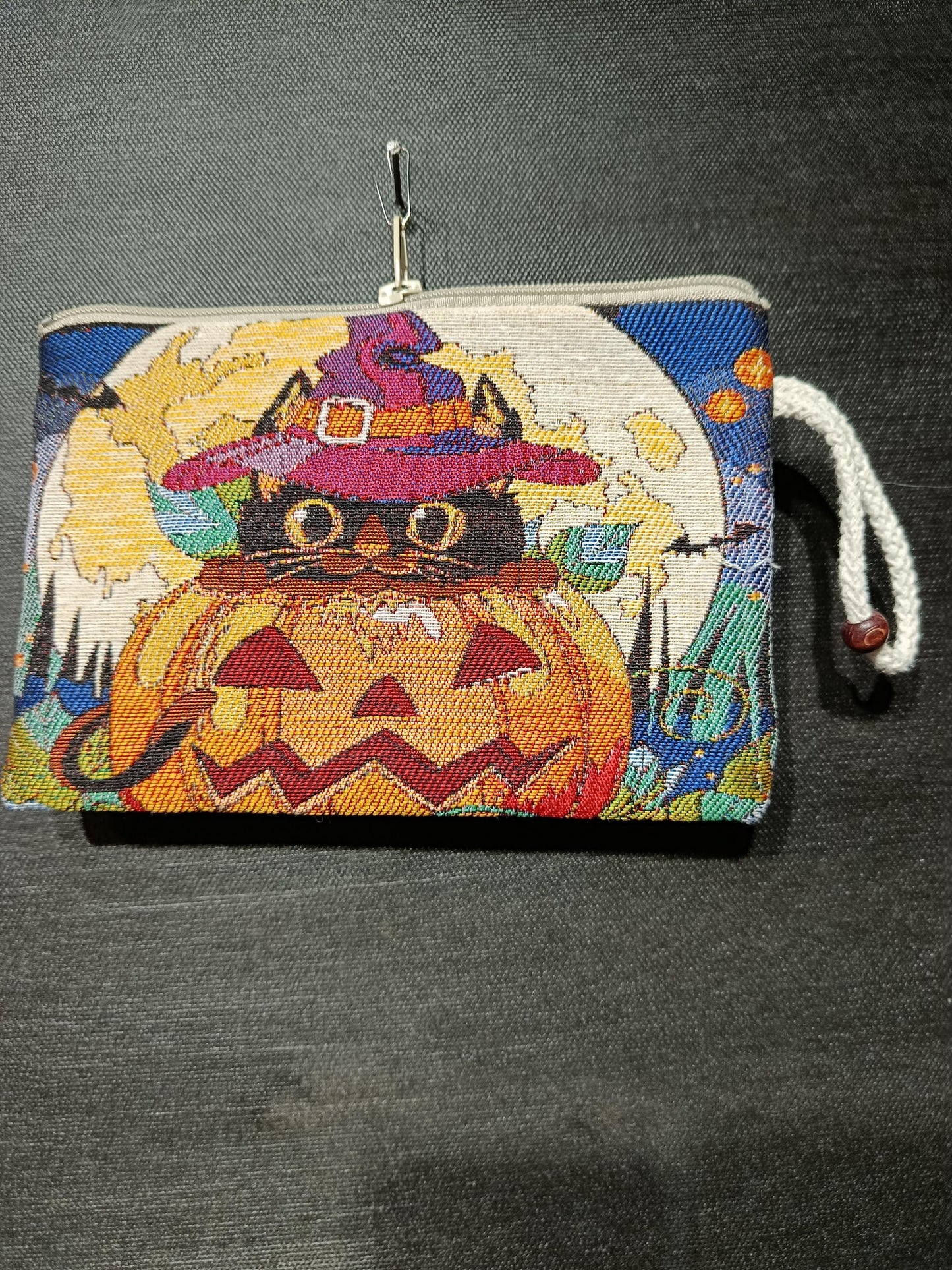 Halloween Cat Clutch – Witch Hat Pumpkin Pouch, Spooky Gobelin Zip Bag, Fall Gift