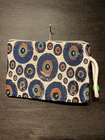 Evil Eye Clutch Bag – Turkish Gobelin Tapestry Zip Pouch, Nazar Wristlet for Protection & Style