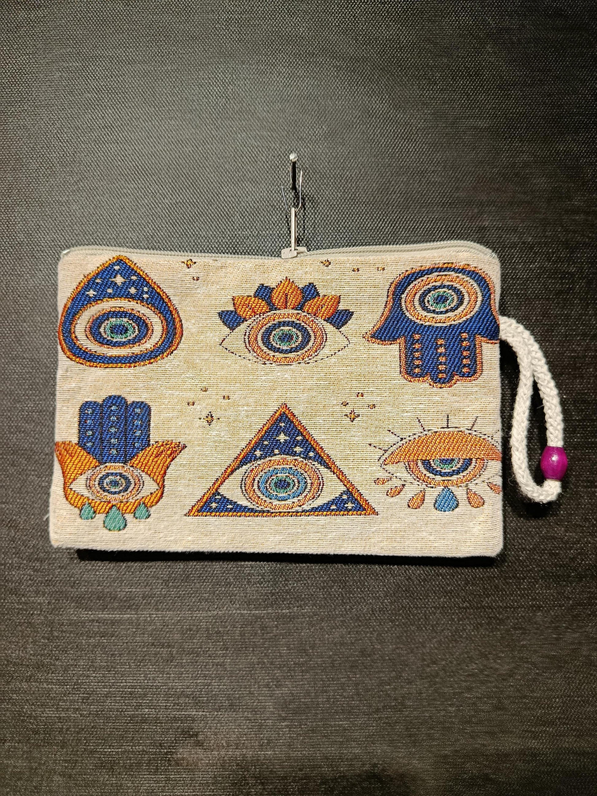 Evil Eye Clutch Bag – Turkish Tapestry Zipper Pouch with Hamsa & Eye Motif