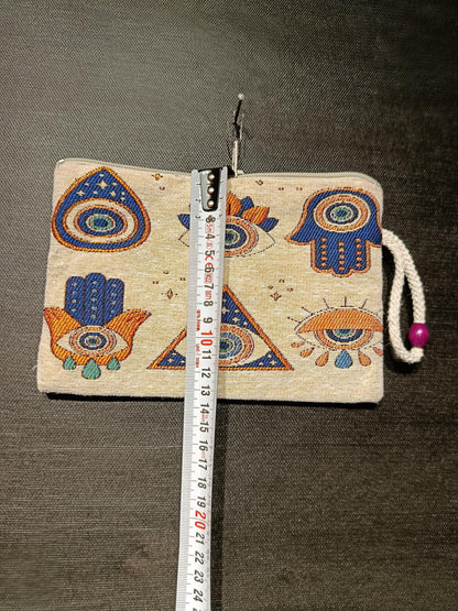Evil Eye Clutch Bag – Turkish Tapestry Zipper Pouch with Hamsa & Eye Motif