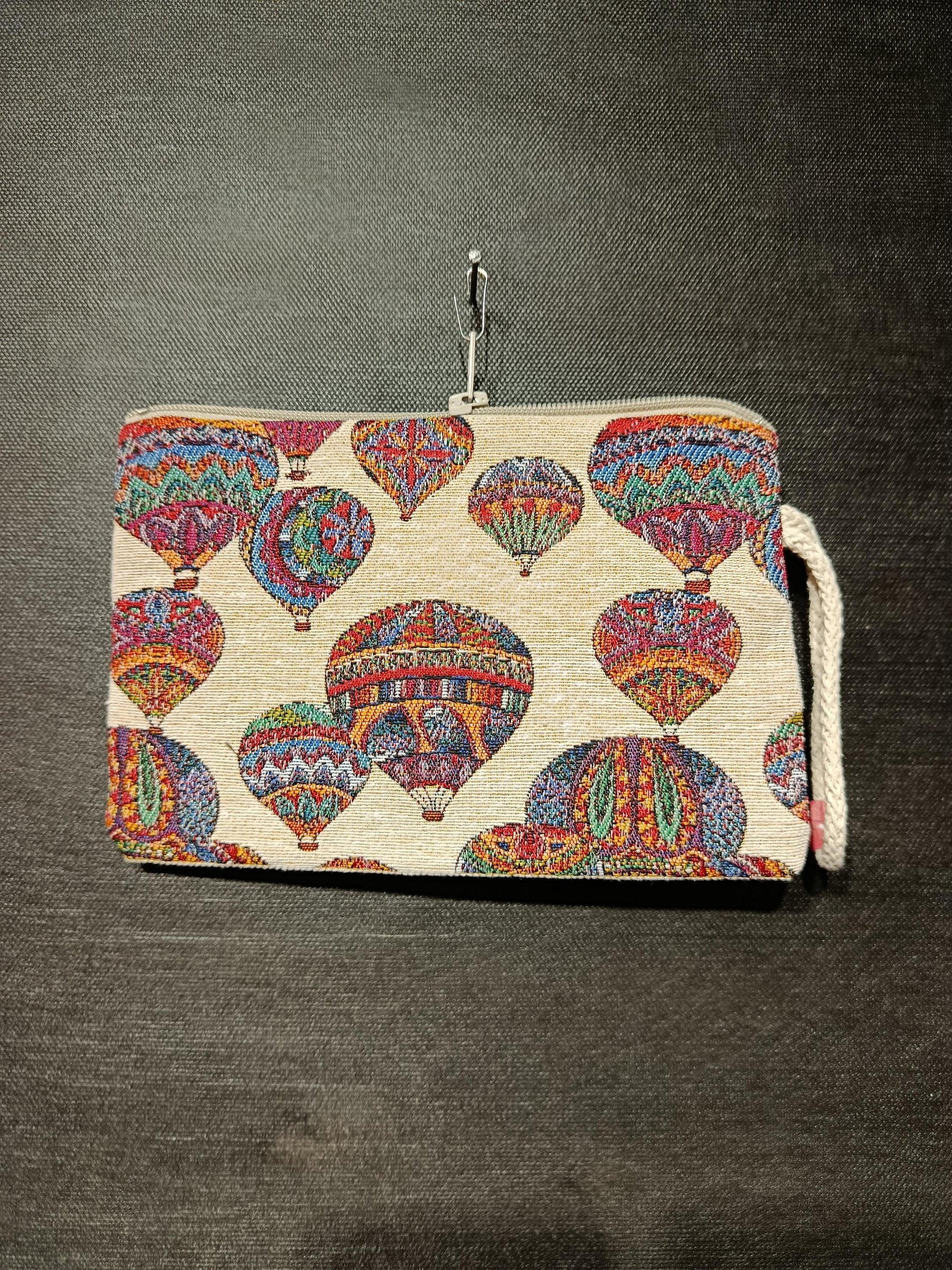 Hot Air Balloon Clutch – Colorful Turkish Tapestry Zip Pouch, Travel Gift Bag
