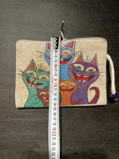 Colorful Cat Tapestry Clutch – Quirky Zip Pouch with Cartoon Cat Print & Wrist Strap