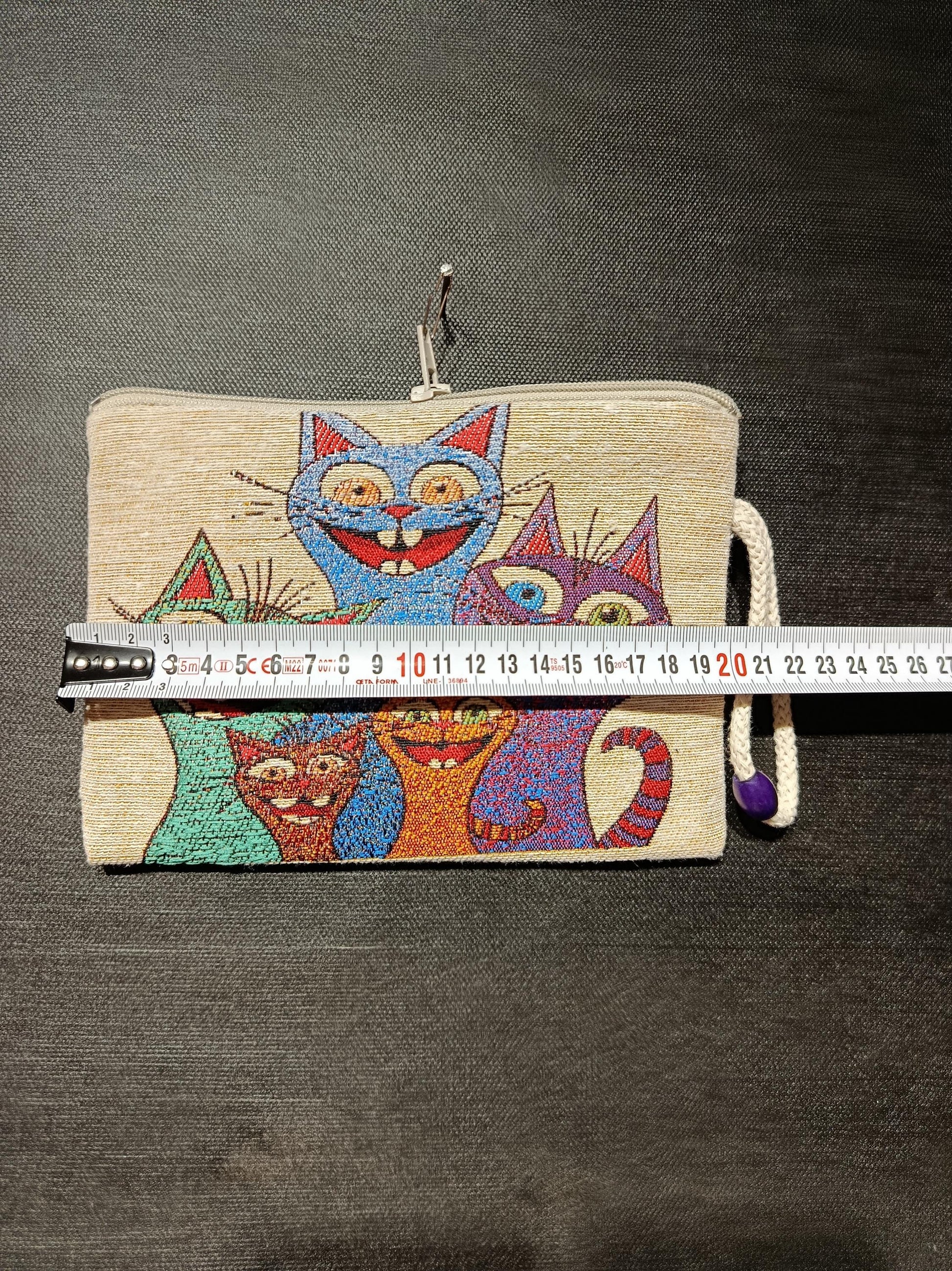 Colorful Cat Tapestry Clutch – Quirky Zip Pouch with Cartoon Cat Print & Wrist Strap