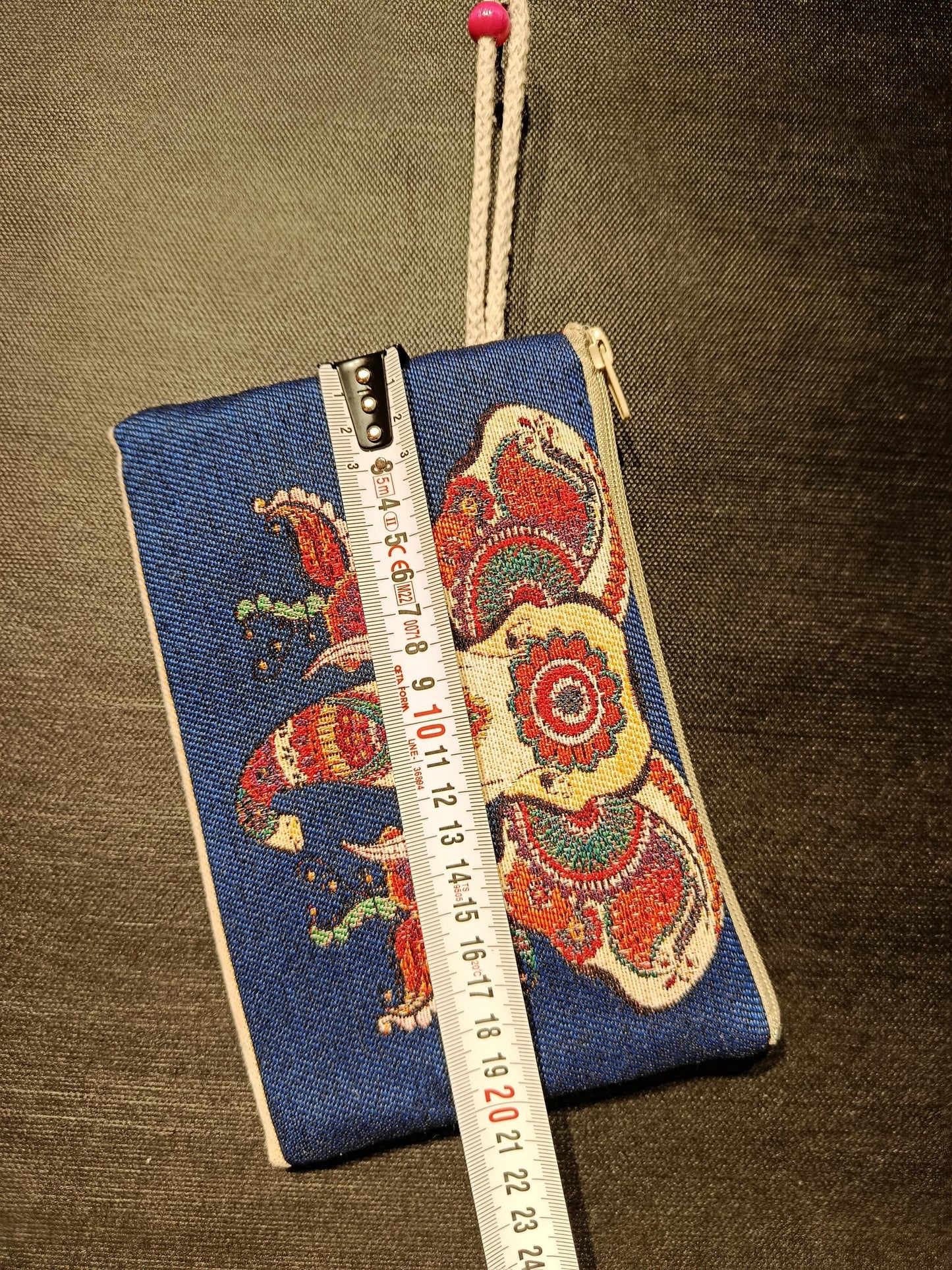 Handmade Gobelin Zipper Purse – Blue Elephant Design Tapestry Wristlet – Boho Ethnic Mini Clutch