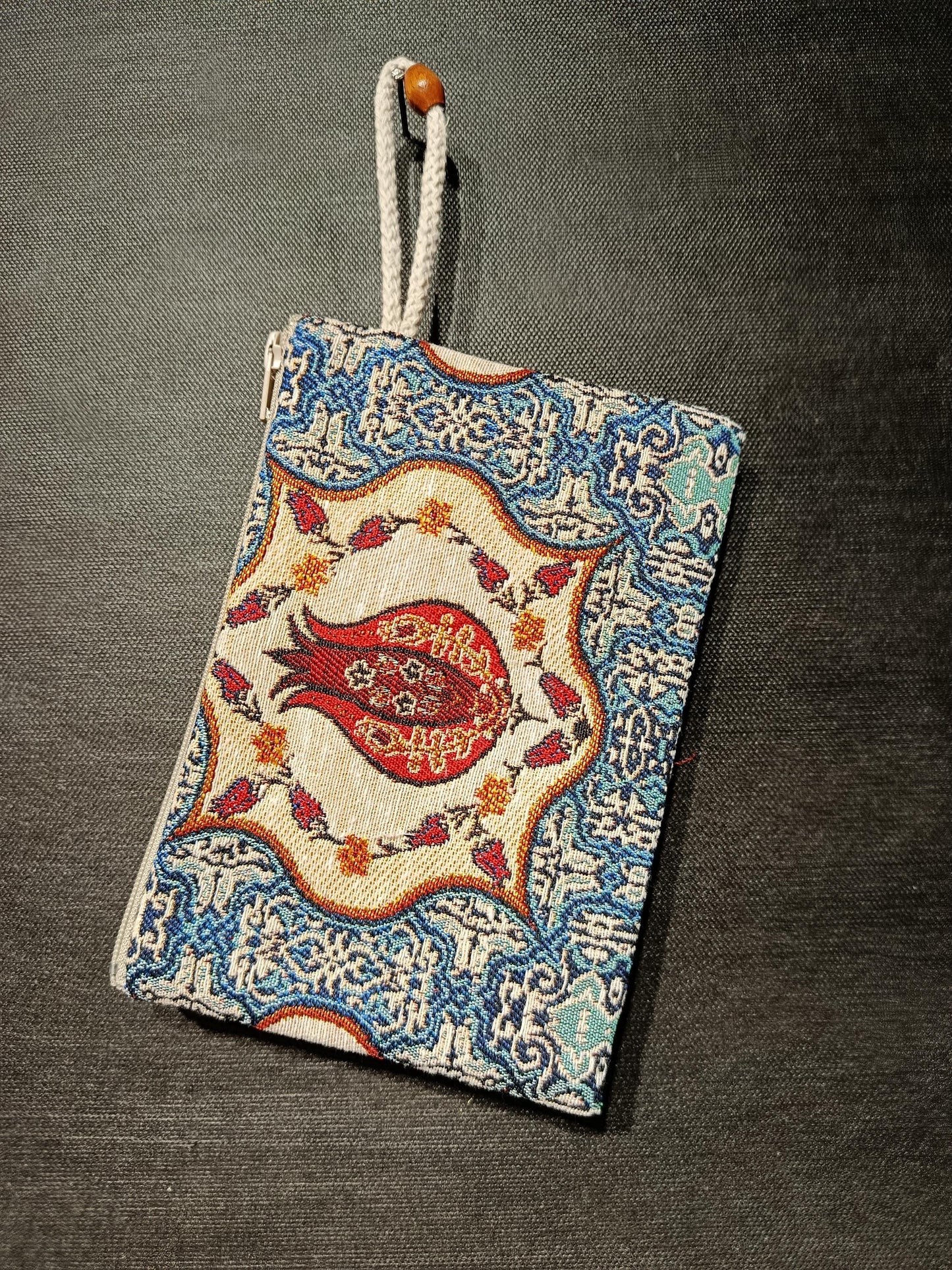 Turkish Gobelin Tapestry Clutch – Pomegranate Motif Zippered Purse with Wrist Strap