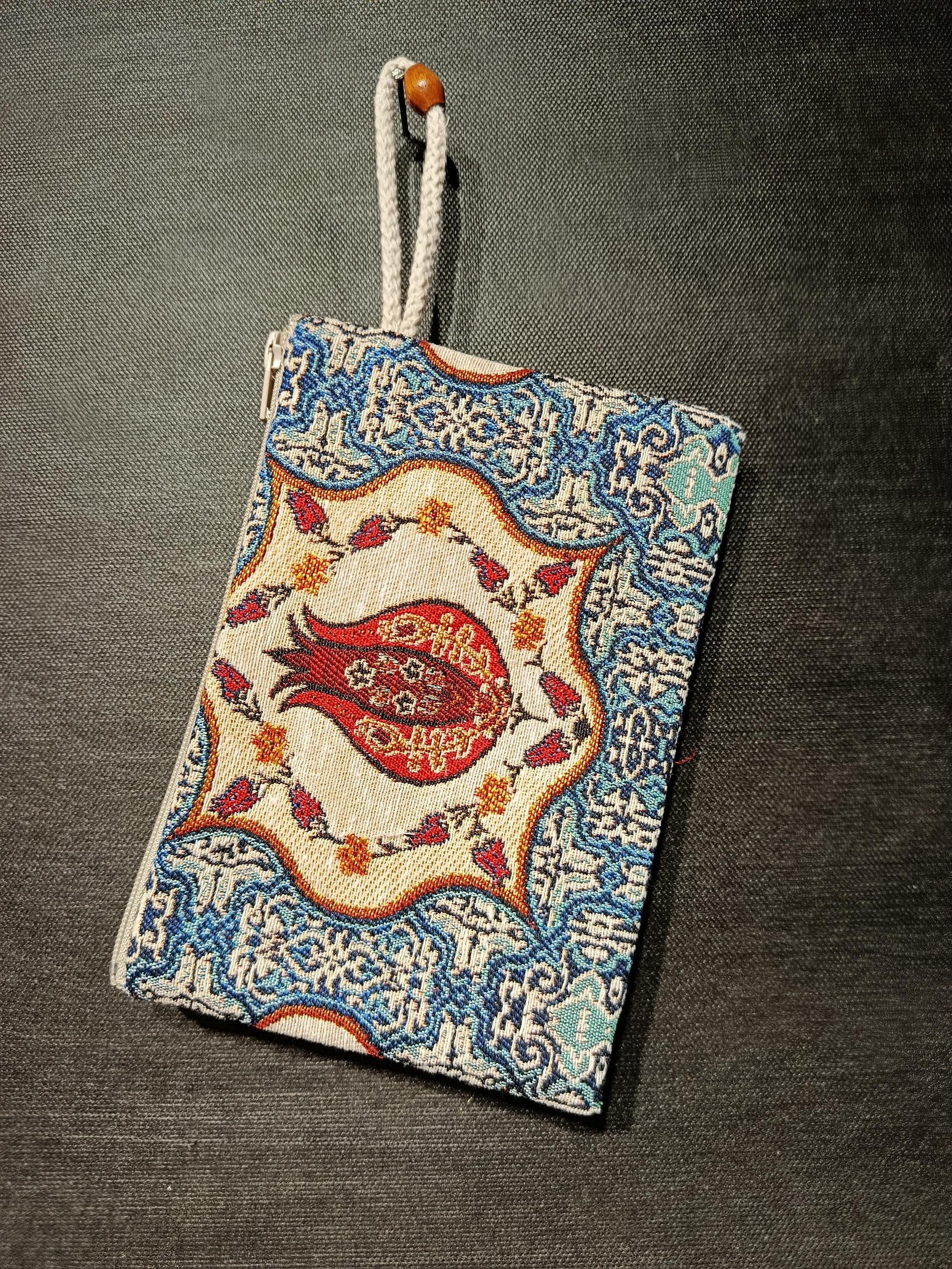 Turkish Gobelin Tapestry Clutch – Pomegranate Motif Zippered Purse with Wrist Strap