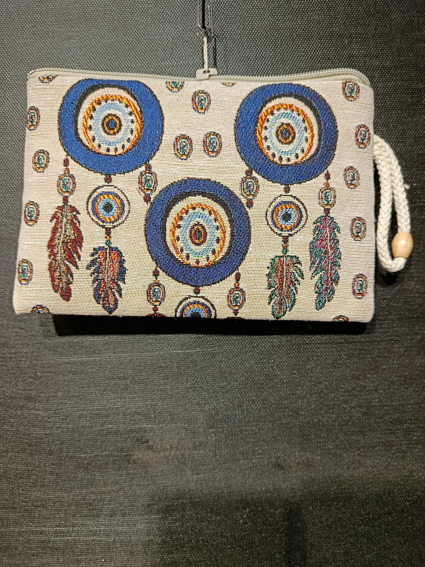 Evil Eye Feather Clutch – Turkish Tapestry Pouch, Boho Protection Symbol Purse, Zip Wristlet Bag