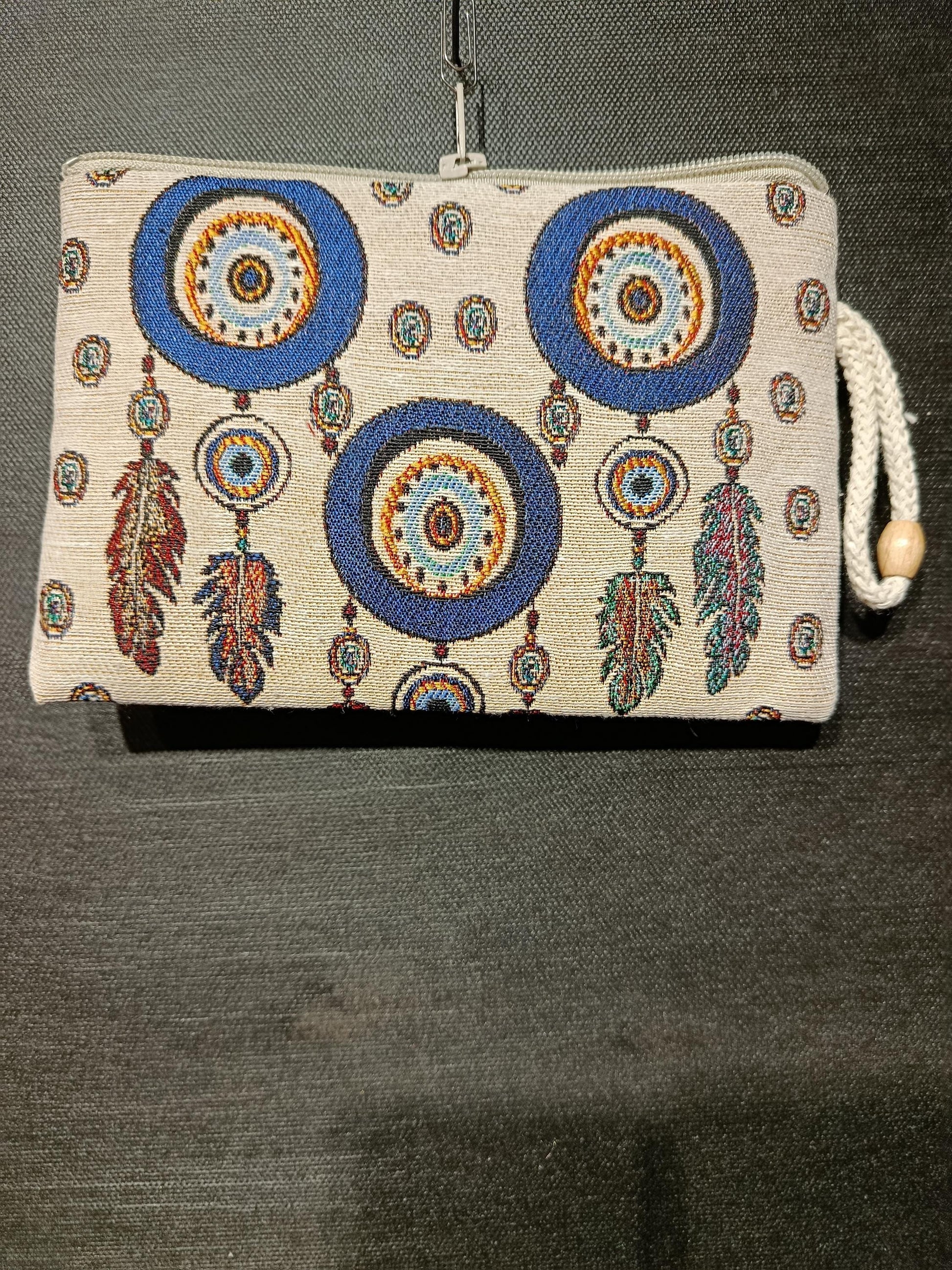 Evil Eye Feather Clutch – Turkish Tapestry Pouch, Boho Protection Symbol Purse, Zip Wristlet Bag