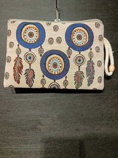 Evil Eye Feather Clutch – Turkish Tapestry Pouch, Boho Protection Symbol Purse, Zip Wristlet Bag