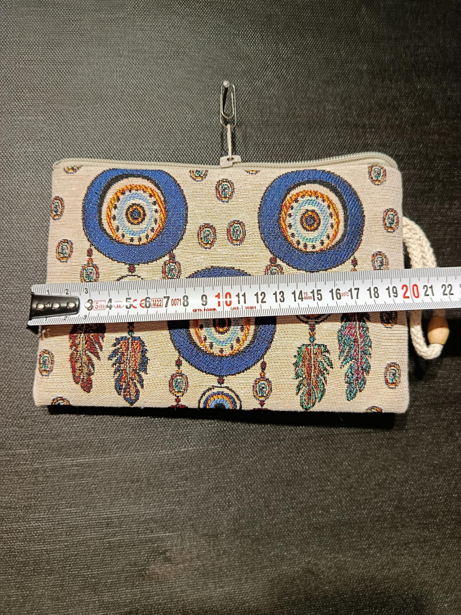 Evil Eye Feather Clutch – Turkish Tapestry Pouch, Boho Protection Symbol Purse, Zip Wristlet Bag