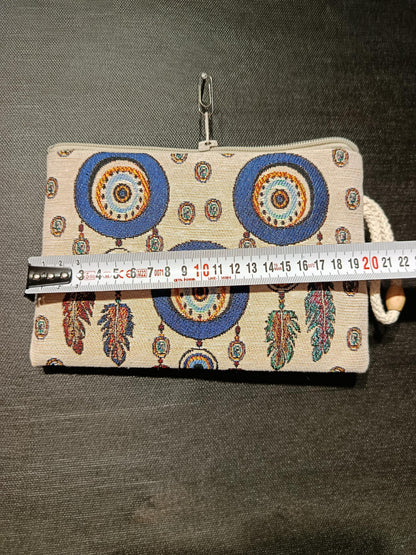 Evil Eye Feather Clutch – Turkish Tapestry Pouch, Boho Protection Symbol Purse, Zip Wristlet Bag