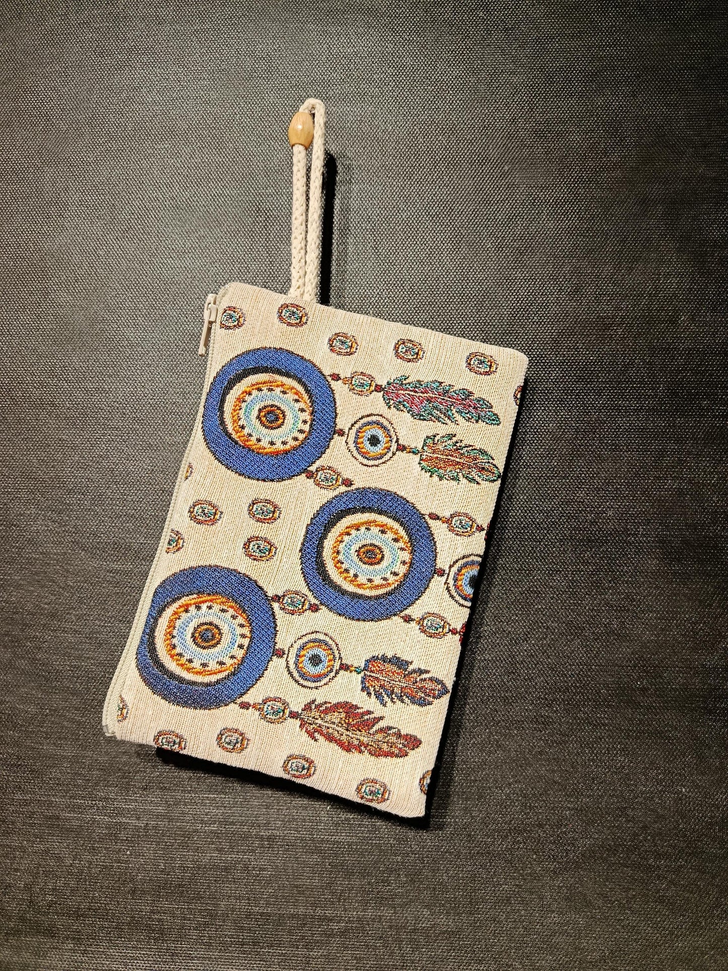 Evil Eye Feather Clutch – Turkish Tapestry Pouch, Boho Protection Symbol Purse, Zip Wristlet Bag