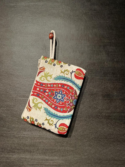 Mini Turkish Coin Purse – Paisley Tapestry Pattern, Ottoman Motif Zip Pouch, Small Wristlet Bag