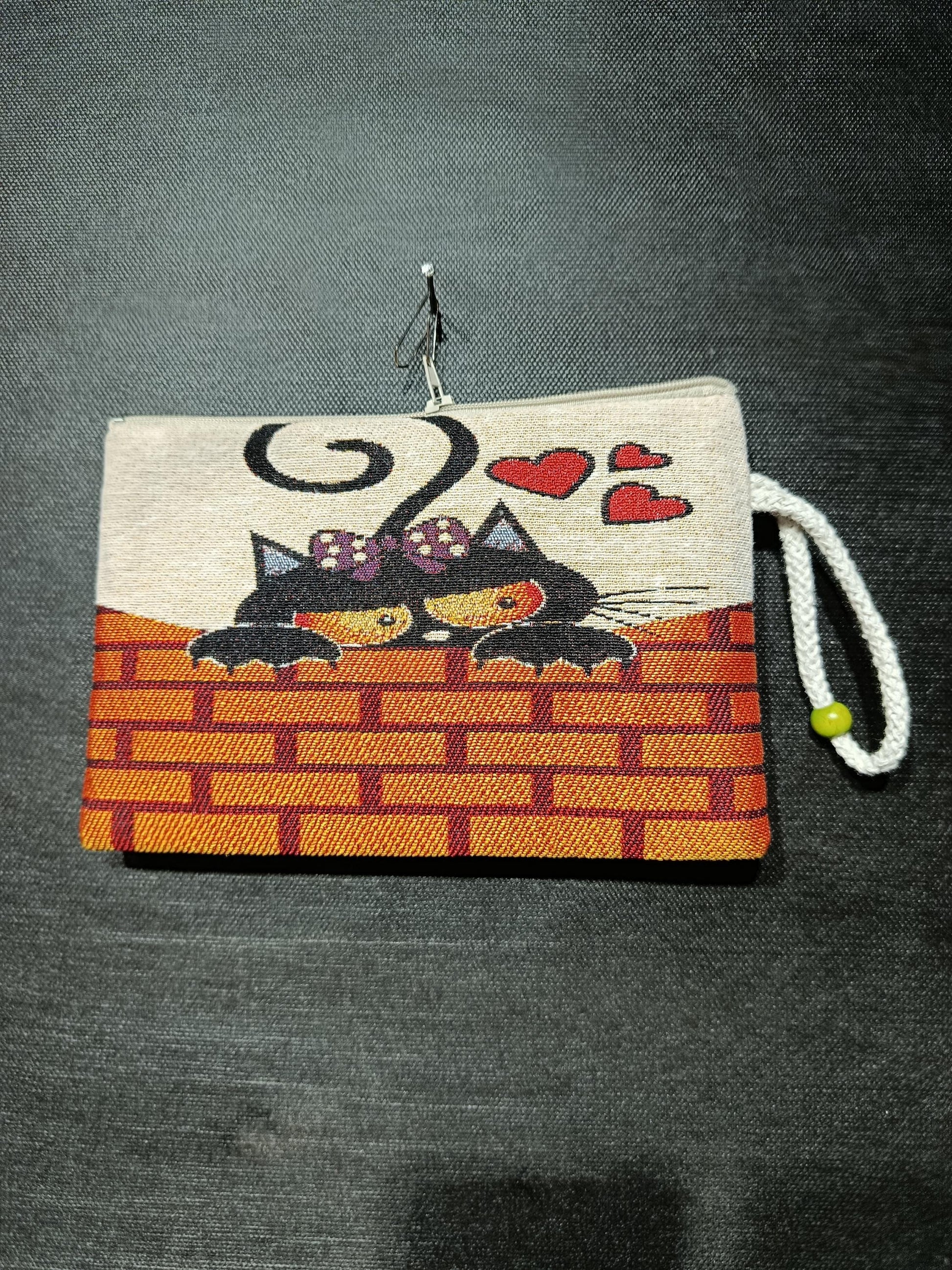 Handmade Cats & Hearts Purse: Organic Cotton Blend Bag (15cmx20cm)
