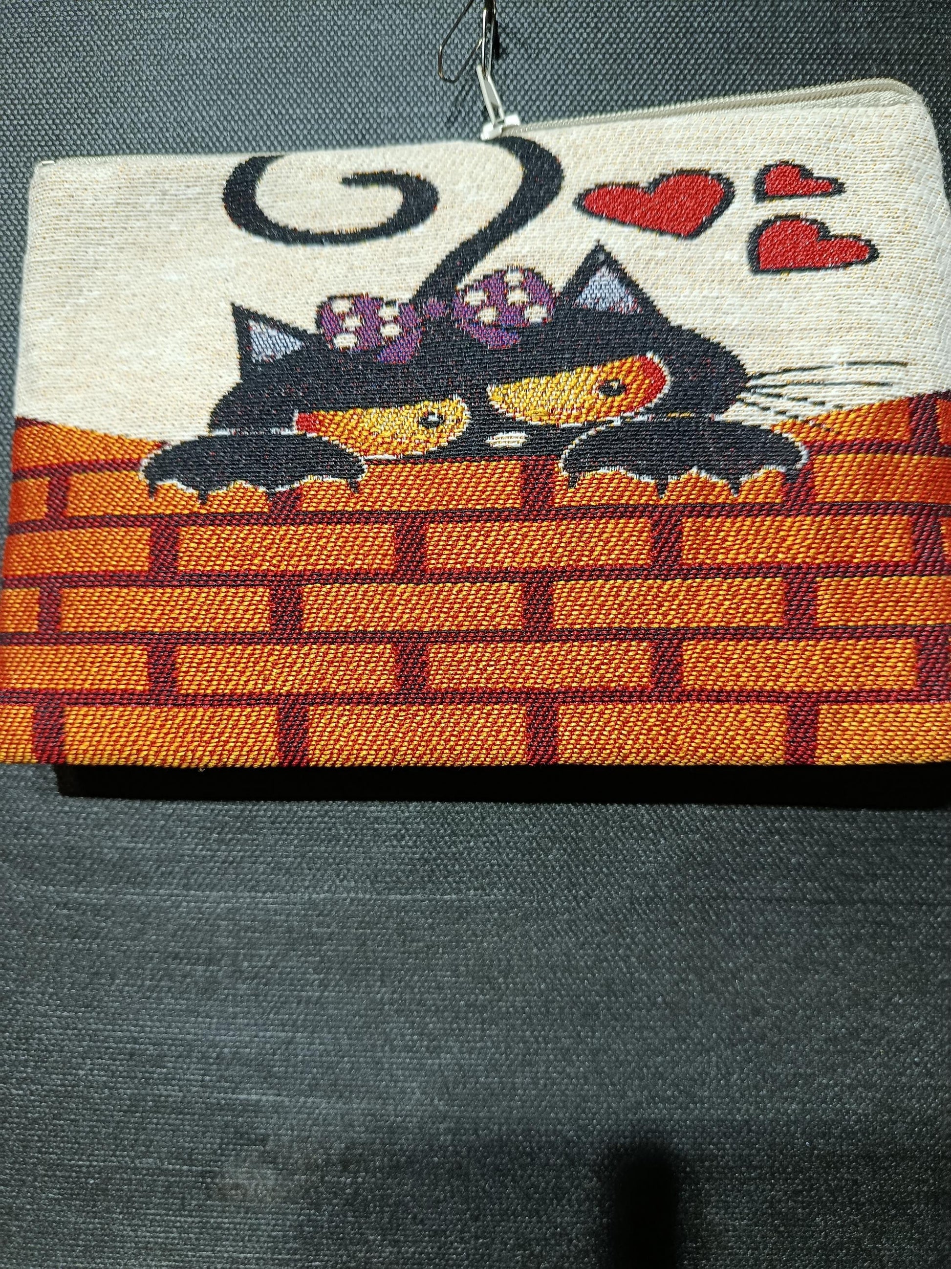 Handmade Cats & Hearts Purse: Organic Cotton Blend Bag (15cmx20cm)